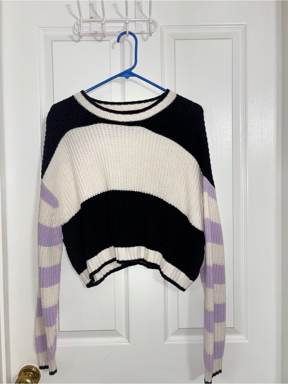 American EagleStriped Black, Cream & Lavender Knit Cropped Sweater